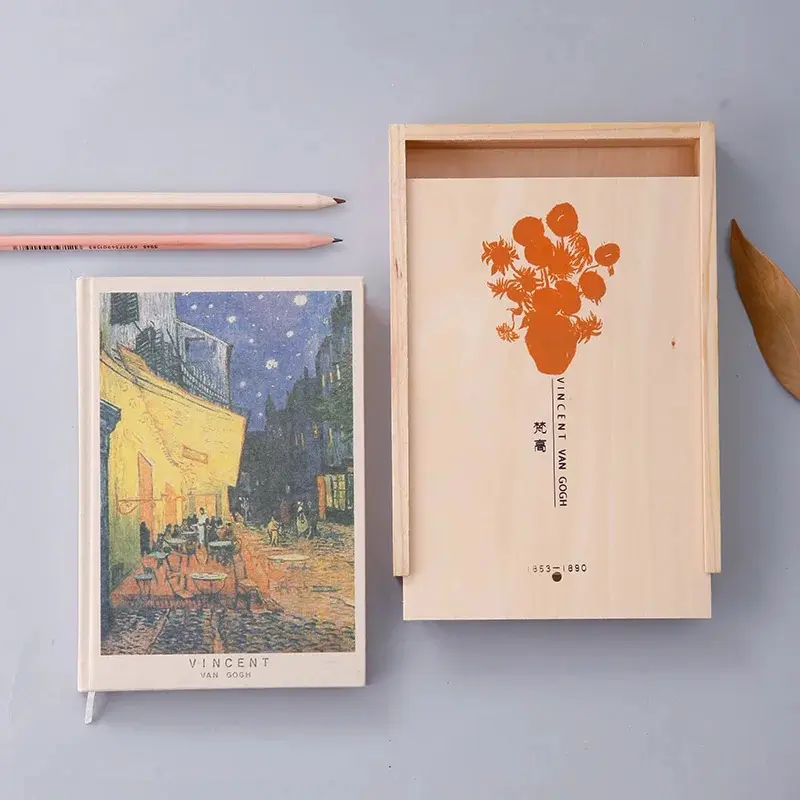 Oem custom Van gogh illustrations elastic closure notebook covers with wooden box