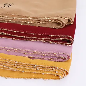2019 New Collection High Quality Plain Chiffon Crepe Scarf With Gold Chain Maxi Ladies Wrap Long Shawl Muslim Hijab Tudung
