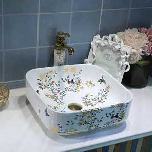 景徳鎮有名な手柄花と鳥のデザイン正方形のテーブルトップフェイス浴室洗面台アートセラミック