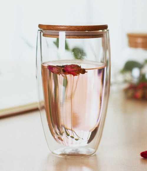 250ml 350ml 450ml Insulated Double Wall Borosilicate Glass  Coffee Cup with bamboo lid