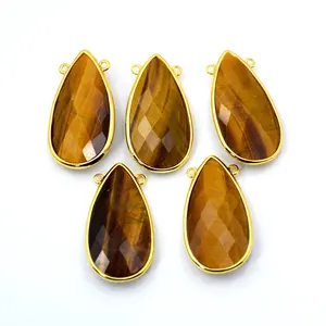 Natural tiger eye stone Pendant Tear drop connector 30x15mm handmade gold bezel Gemstone Charm yellow crystal jewelry for men