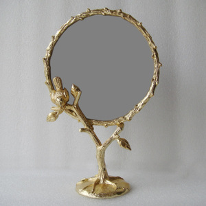 Silver Gold Plating Birds on Branch Design 6x6 Inches Round Metal Framed <strong>Tabletop</strong> Glass <strong>Mirror</strong> - Product Image 4