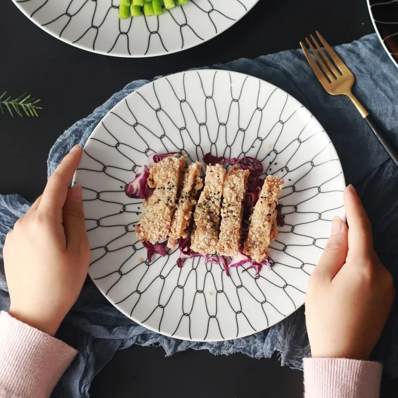 Fas stil seramik yuvarlak tabak ağ desen makarna tabağı ucuz servis tabağı restoran için