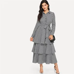 Elegant Half Placket Layered Plaid Shirt Maxi Dress Minimalist Women Dress HSD6281