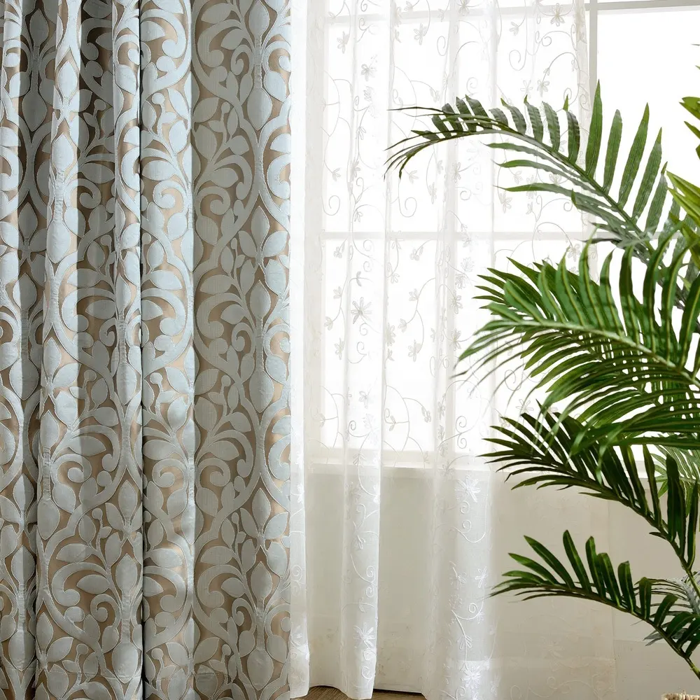 Cortina opaca para ventana, tejido jacquard, 100% poliéster, de lujo, de alta calidad, para sala de estar