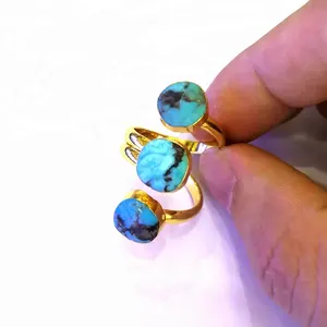 High Quality Best Selling Gemstone Blue design ring three natural turquoise stones adjustable finger ring boho jewelry for women