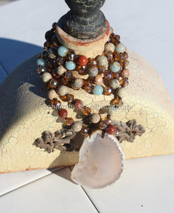 NS201811073 Boho Chic Hand Knotted แอฟริกันโอปอล Aqua <span class=keywords><strong>Terra</strong></span> ลูกปัด Agate Slice จี้สร้อยคอ - Product Image 1