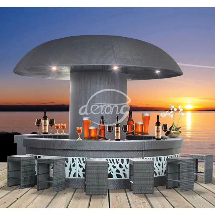 Jamur Desain Outdoor Wiker Aluminium Frame Bar Set Bulat Counter dengan Lampu Restoran Hotel Bar Meja Taman Set