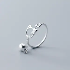 100% 925 Sterling Silver Cartoon Cat Bell Open Rings for Women Creative Cute Style Girl Silver Jewelry Gift