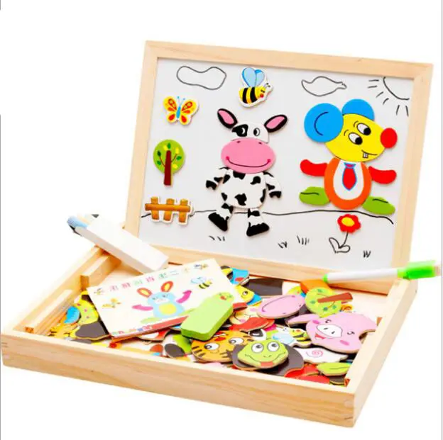 Anak-anak Kayu Magnetik Art Easel Hewan Permainan Puzzle Kayu Mainan Pendidikan untuk Montessori