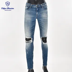 Clothing manufacturers new style men's skinny fit cut out knee jeans long pants