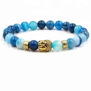 Turmalina de ágata con cuentas lisas naturales, pulseras con cabeza de Buda de oro de Color Tibetano para hombres y mujeres, regalo de Yoga de piedra de Lava