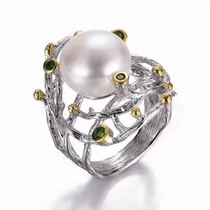 Handmade Indian Style Germany Button Pearl 925 Silver Ring Diopside Stone Jewelry