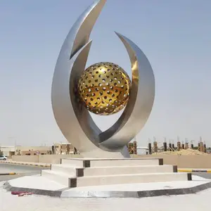 Arábia Saudita rotunda exibição grande outdoor estátua jardim decoração metal arte aço inoxidável escultura mão segurando sol