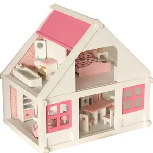 Groothandel huis voor de kids-Roze Diy Houten Prinses Villa Poppenhuis Speelgoed Voor De Kinderen Pretend En Spelen Set WDH12