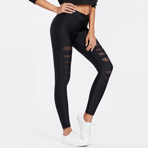 OEM inserti in rete da donna pantaloni per Fitness a vita media strappati, pantaloni da Yoga attillati, ragazze nere che indossano pantaloni da Yoga da palestra - Product Image 3
