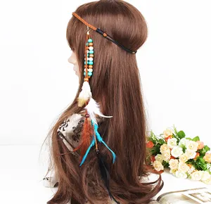 Ethnische Gypsy Leder Holz Perle Bunte Feder Elastische Haarband