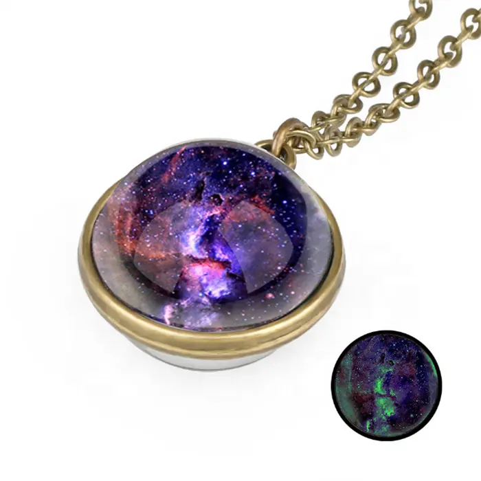 Retro Double Glass Ball Universe Galaxy Patterned Time Gem Glowing Necklace