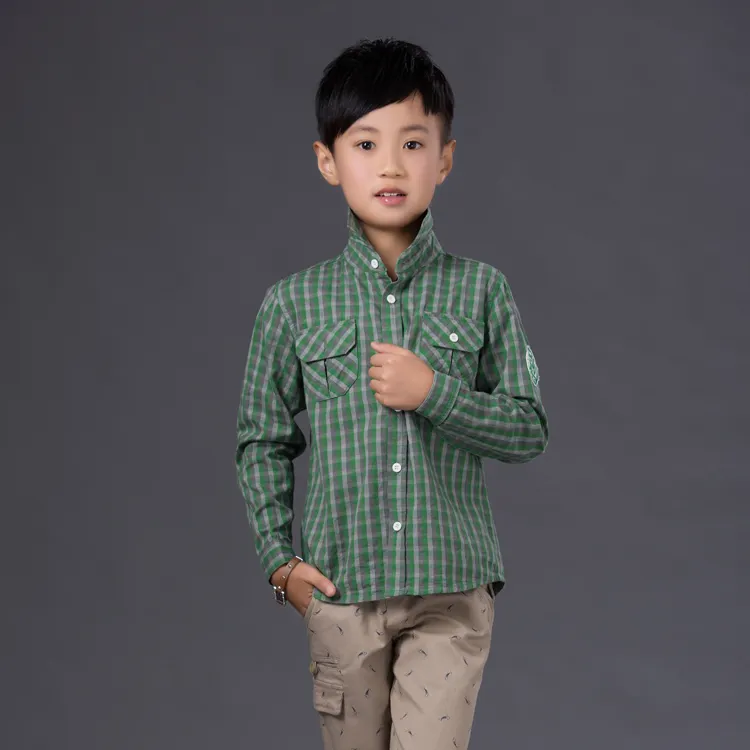 2014 latest fashionable korea boys long sleeve kids shirt Green plaid shirt