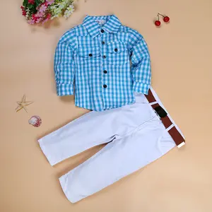 Hao Baby Children's Clothing Boy's Long-Sleeved Plaid Shirt + White Trousers With Belt Kid Three-Piece Suit