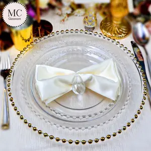 Per il matrimonio decorare piatti per caricabatterie in vetro con bordo dorato set di stoviglie di lusso con perline bordo dorato per la decorazione sul tavolo