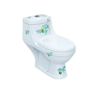 206 wholesale Bathroom accessory ceramic pedestal pan 680x400x640mm flower printing one piece S-trap wc toilet