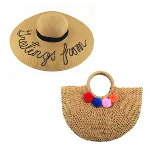 最畅销的夏季海滩软盘帽子蝴蝶结太阳帽草帽和草编包