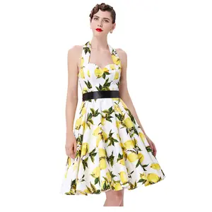 Grace Karin Cheap Knee Length Halter 50s Retro Style Lemon Pinup Cotton Print Dresses CL6075