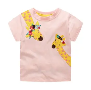 女孩可爱的衬衫卡通打印长颈鹿粉红色上衣为女孩 O 领短袖 t恤儿童 t恤 2-7 年工厂