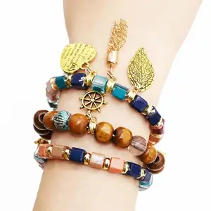 Gelang Manik-manik Kayu Akrilik Wanita, Perhiasan Pesta Boho Liontin Daun Hati 3 Buah/Set