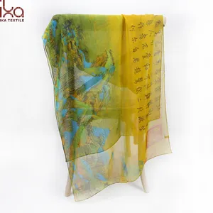 Peinture chinoise avec motif Georgette en soie Pure, foulard Extra Long, livraison gratuite, cadeau