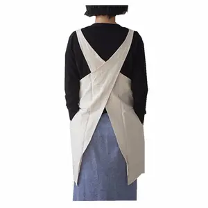 Japanese Style X-Shape Bib Apron Double Pockets Solid Color Halter Cross Bandage Soft Cotton Linen Kitchen Cooking Clothes