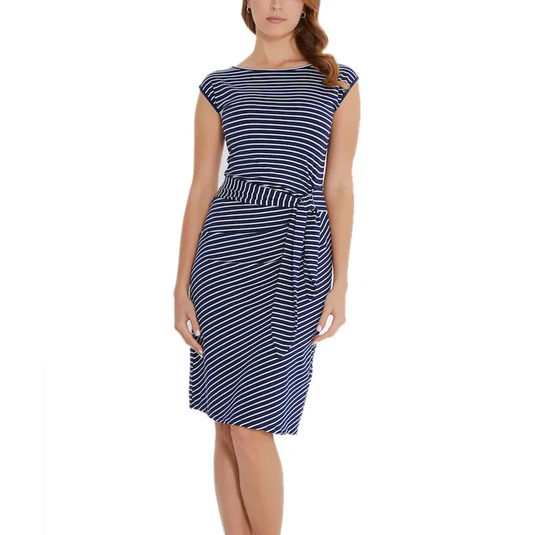 hot sale women bamboo stretchable eco-friendly sleeve knee length striped dress with belt viscose dress