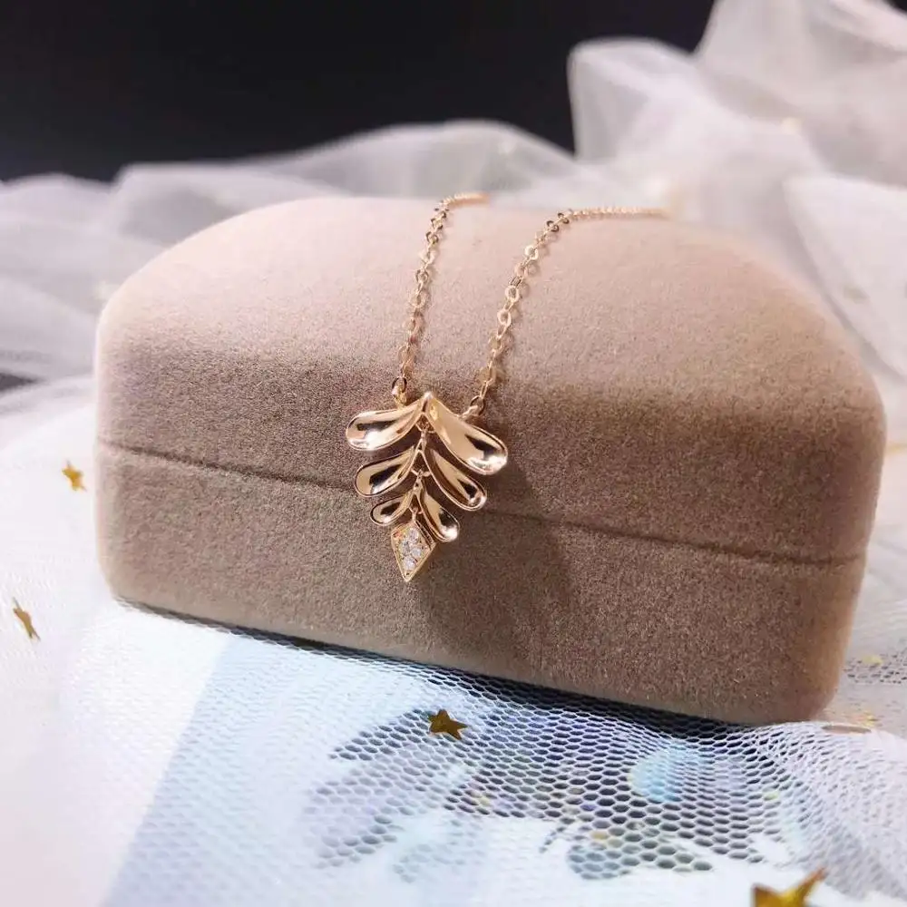 Custom jewelry most popular product elegant olive branch leaf shaped 18k gold natural diamond pendant rose gold necklace