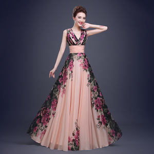 Fashion Elegant Flower Printing Deep V Neck Chiffon Long Evening Gown Dress