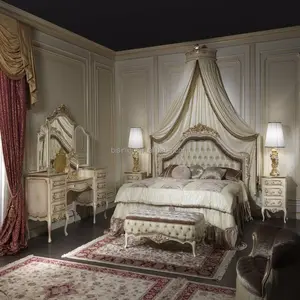 Ensemble de chambre Royal romantique dorée, Design européen et italien, lit baldaquin taille King et Queen