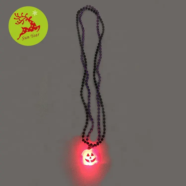 Halloween Light Up LED Big Pumpkin Pendant With Purple And Black Bead Necklace