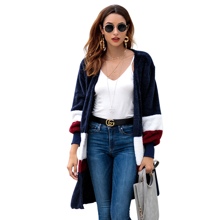 China Manufacturer Casual Winter Warm Velvet Striped Open Sweater Outwear Ladies Long Coats Women