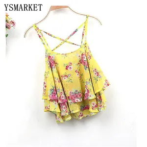 Cute Floral Print Women Tank Top Summer Style Sexy Spaghetti Strap Girls Casual Tops Women Double Chiffon Vest E919