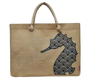 Sea Horse Printed Jute Burlap Tote Bag