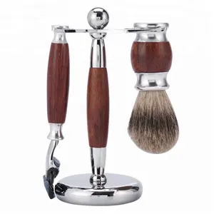 Private label natural wood handle super badger shaving brush set