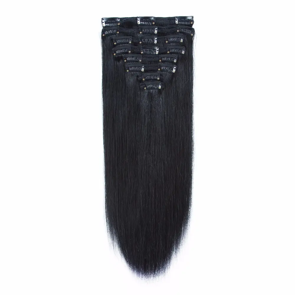 Extensión de cabello con clip de 100g-200g, trama triple personalizada, cabeza completa dibujada doble, cabello humano remy virgen brasileño 100%