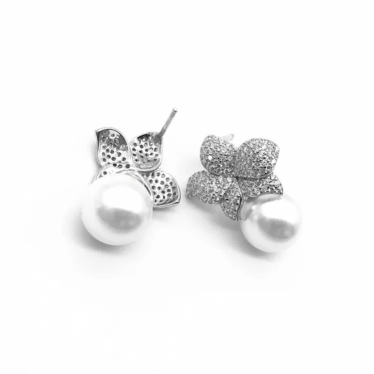 trend ear stud crystal cubic zirconia luxury flower fancy popular designer women crystal sterling silver fashion pearl earrings