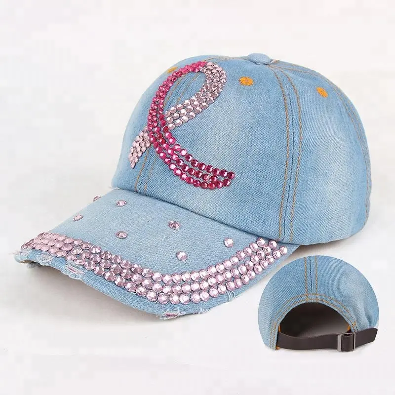 Women Ripped Jean with Rhinestone AIDS Red Ribbon 6 Panels Breast Cancer Prevention Month Baseball Cap Hats