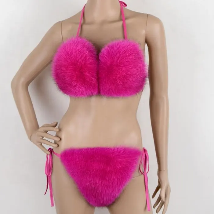 Benutzer definierte Farbe New Fashion Damen Real Fox Pelz Bikini BH Summer Beach Unterwäsche Party Abnehmbare dicke flauschige echte Pelz B.