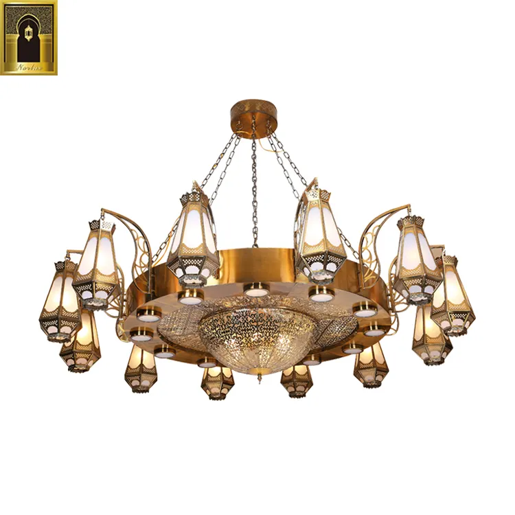 Lámpara colgante de diseño islámico, colgante grande de color dorado, latón antiguo