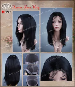 F67 yaki straight 16" length full hand tied wigs HONOR brand transparent super thin skin around swiss lace #1 jet black color