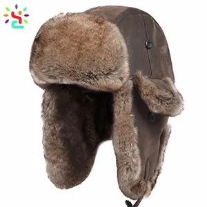 Topi bulu kelinci Ushanka bordir kustom OEM topi bulu Trapper Rusia topi bulu musim dingin