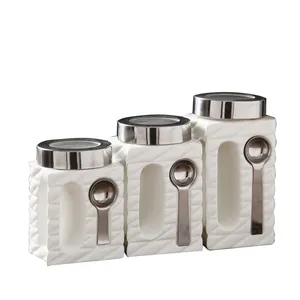 In rilievo di forma quadrata bianco personalizzato ermetico personalizzato caffè tè zucchero canister set con cucchiai