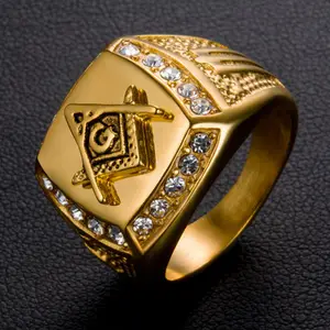 Huilin מותאם אישית AG נירוסטה גברים עם יהלומי זהב הבונים החופשיים טבעת לגברים